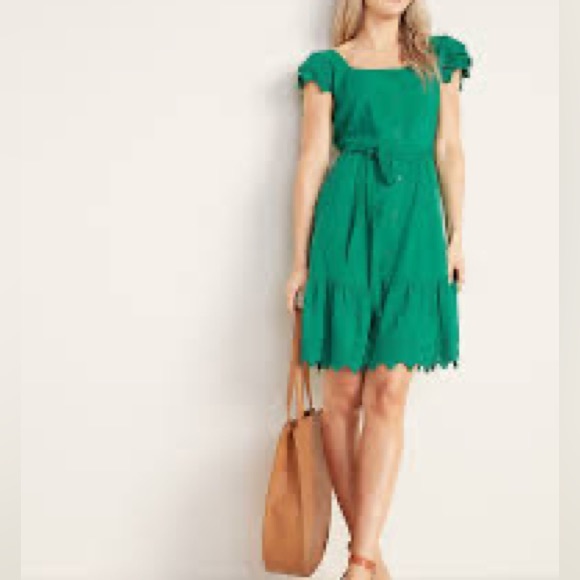 Old Navy Dresses & Skirts - Old Navy Lace Sleeve Eyelet Dress Button Down Tie Waist Emerald Green Sz Large